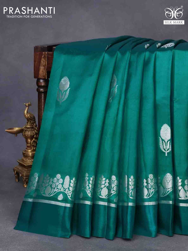 Chiniya silk saree teal green with silver zari woven floral buttas and zari woven simple border