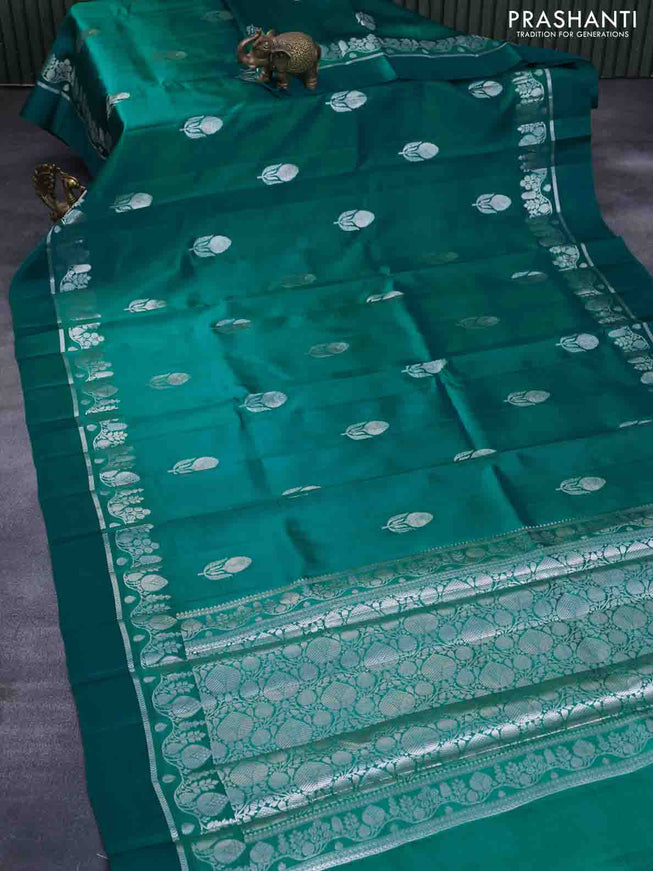 Chiniya silk saree teal green with silver zari woven floral buttas and zari woven simple border