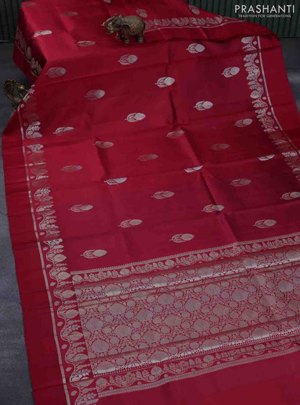 Chiniya silk saree maroon with zari woven floral buttas and zari woven simple border