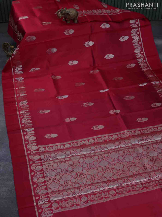 Chiniya silk saree maroon with zari woven floral buttas and zari woven simple border