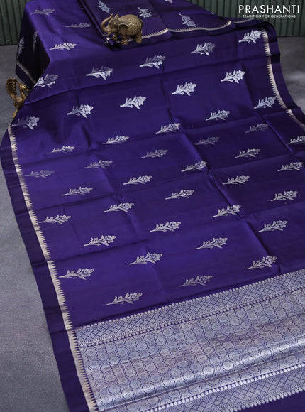 Chiniya silk saree blue with zari woven floral buttas and zari woven simple border