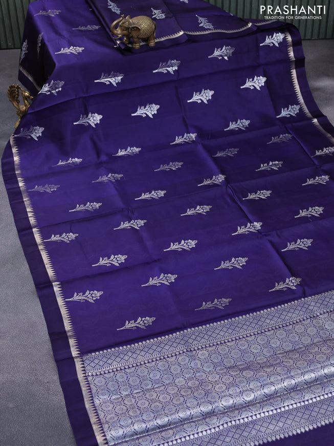 Chiniya silk saree blue with zari woven floral buttas and zari woven simple border