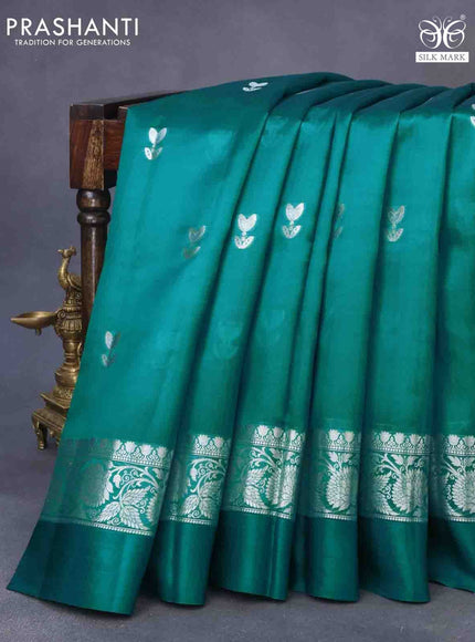 Chiniya silk saree teal green with zari woven buttas and zari woven simple border