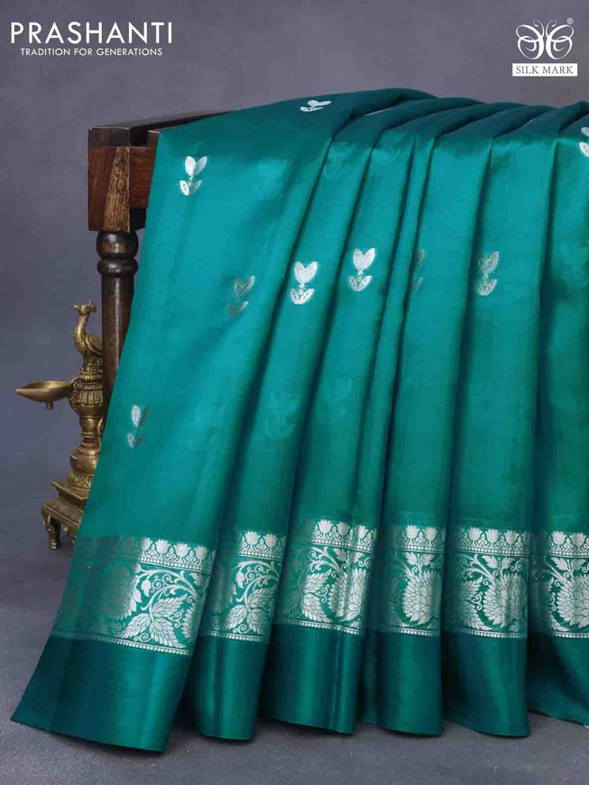 Chiniya silk saree teal green with zari woven buttas and zari woven simple border