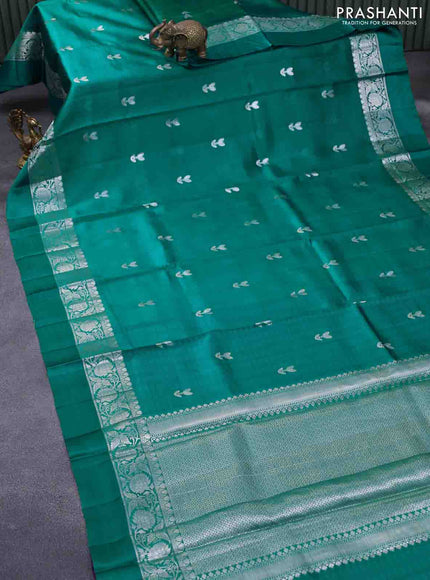 Chiniya silk saree teal green with zari woven buttas and zari woven simple border