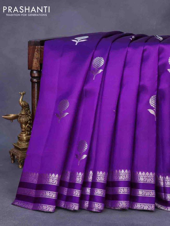 Chiniya silk saree violet with silver zari woven floral buttas and zari woven border