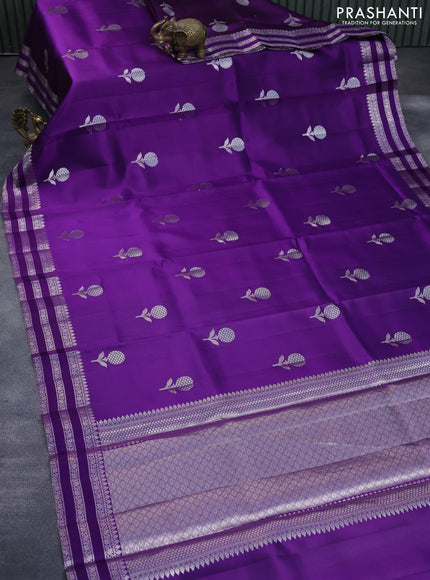 Chiniya silk saree violet with silver zari woven floral buttas and zari woven border