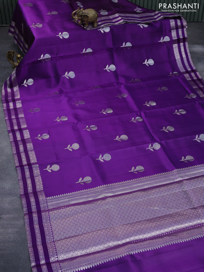 Chiniya silk saree violet with silver zari woven floral buttas and zari woven border