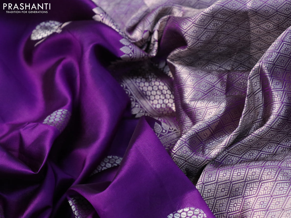 Chiniya silk saree violet with silver zari woven floral buttas and zari woven border