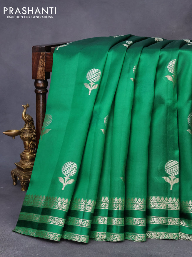 Chiniya silk saree green with zari woven floral buttas and zari woven border