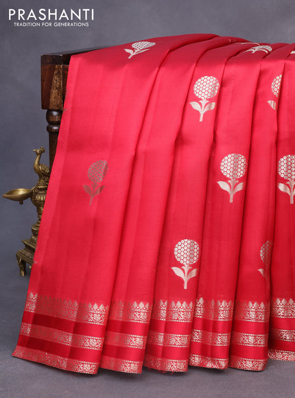 Chiniya silk saree red with zari woven floral buttas and zari woven border