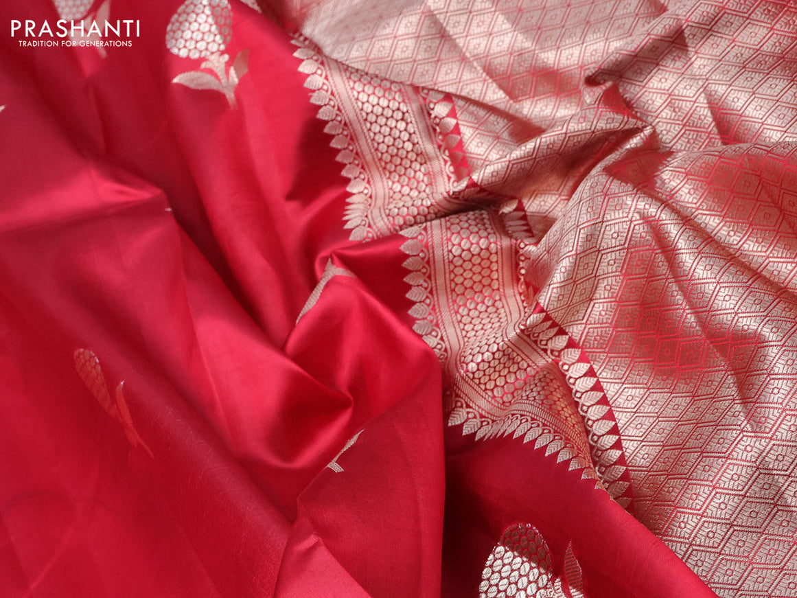 Chiniya silk saree red with zari woven floral buttas and zari woven border