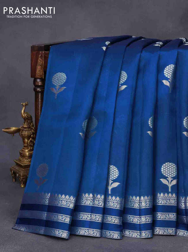 Chiniya silk saree cs blue with silver zari woven floral buttas and zari woven border