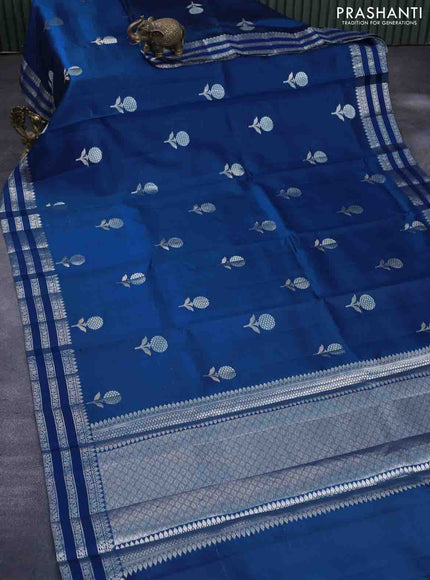 Chiniya silk saree cs blue with silver zari woven floral buttas and zari woven border