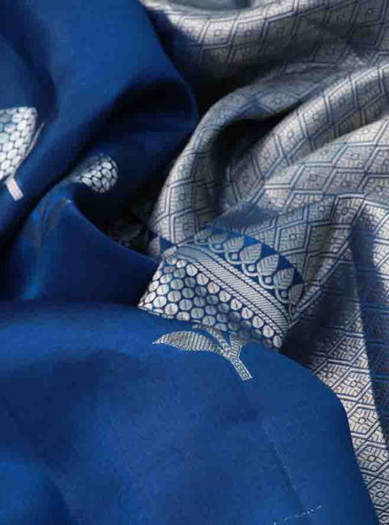 Chiniya silk saree cs blue with silver zari woven floral buttas and zari woven border