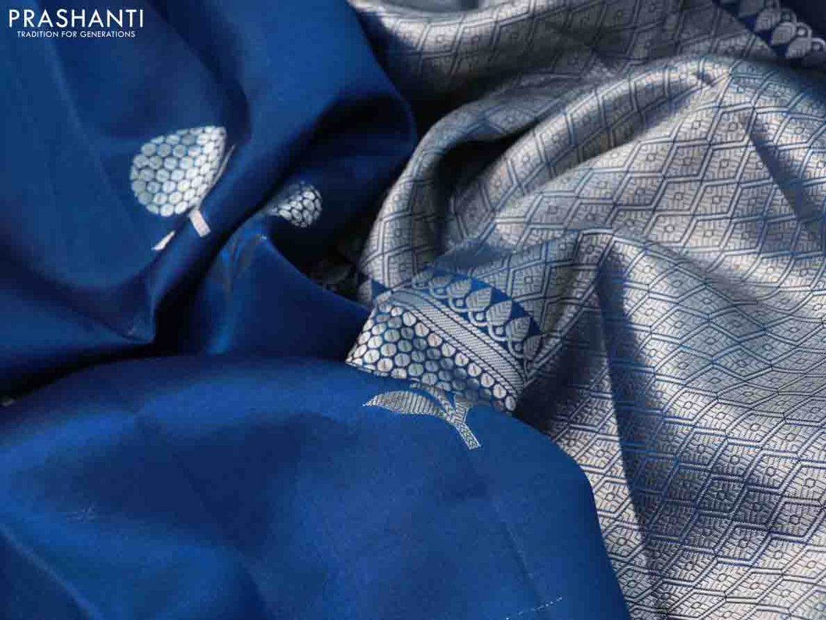 Chiniya silk saree cs blue with silver zari woven floral buttas and zari woven border