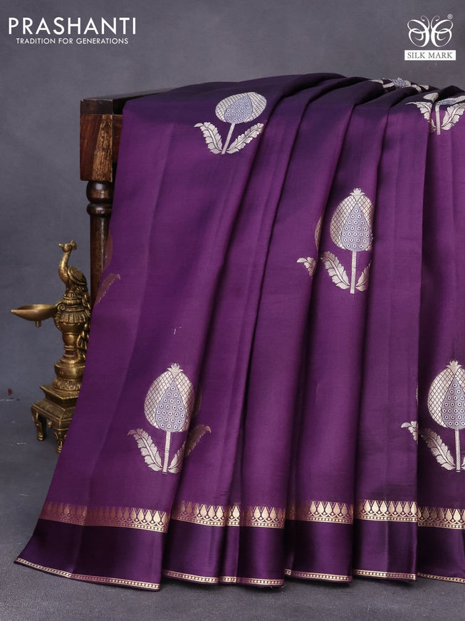 Chiniya silk saree deep purple with zari woven buttas and zari woven simple border