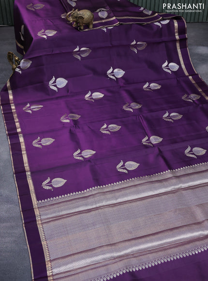 Chiniya silk saree deep purple with zari woven buttas and zari woven simple border