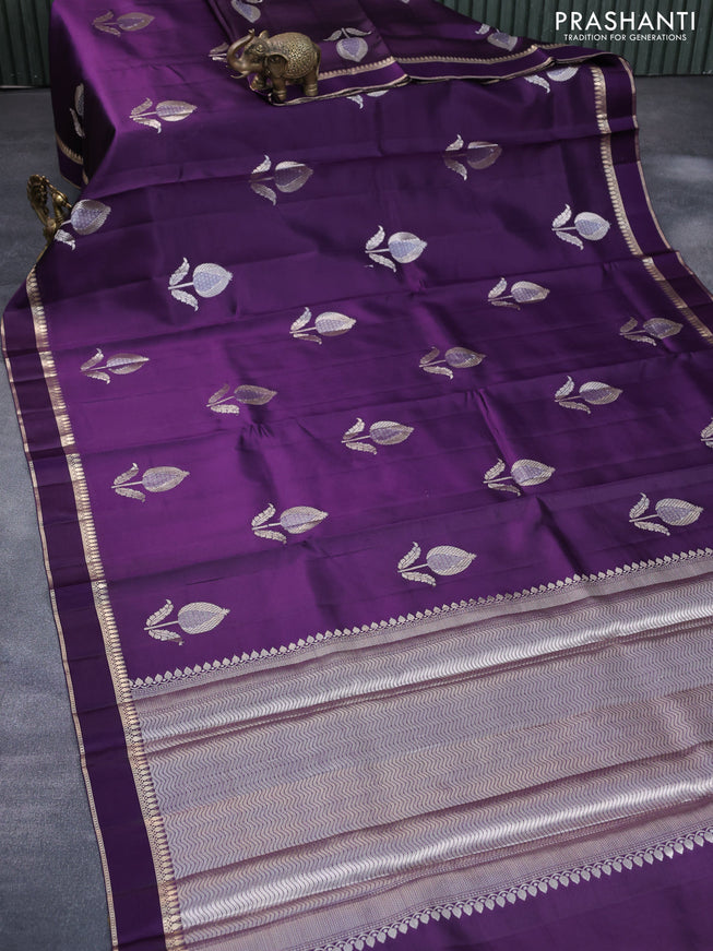 Chiniya silk saree deep purple with zari woven buttas and zari woven simple border