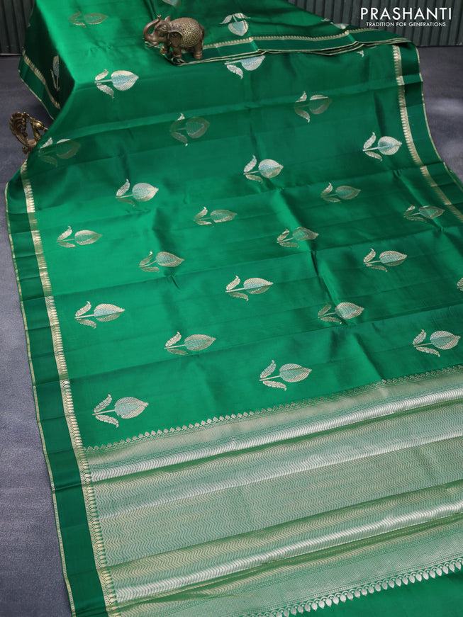 Chiniya silk saree green with zari woven buttas and zari woven simple border