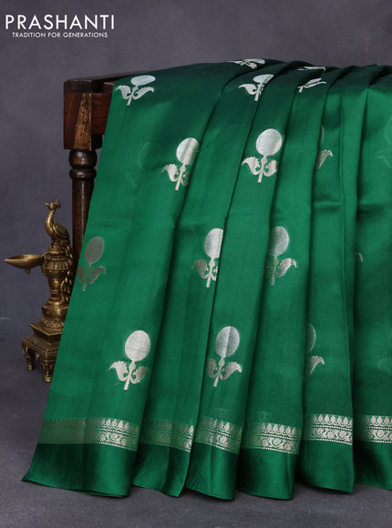 Chiniya silk saree green with silver zari woven floral buttas and silver zari woven simple border