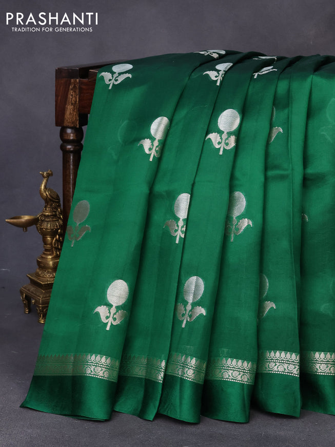 Chiniya silk saree green with silver zari woven floral buttas and silver zari woven simple border