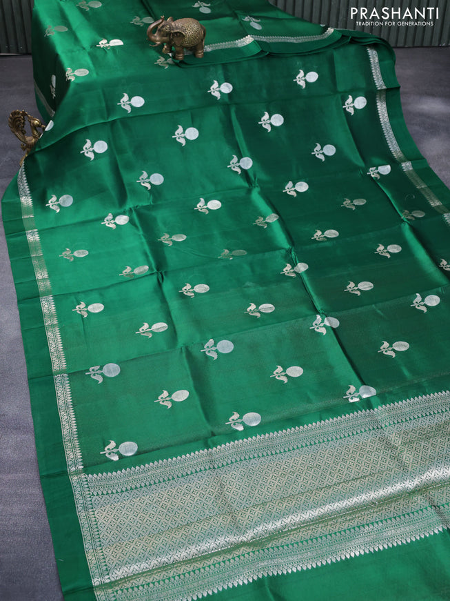 Chiniya silk saree green with silver zari woven floral buttas and silver zari woven simple border