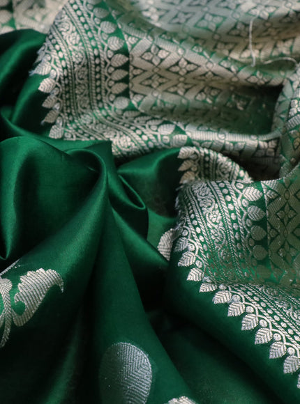 Chiniya silk saree green with silver zari woven floral buttas and silver zari woven simple border