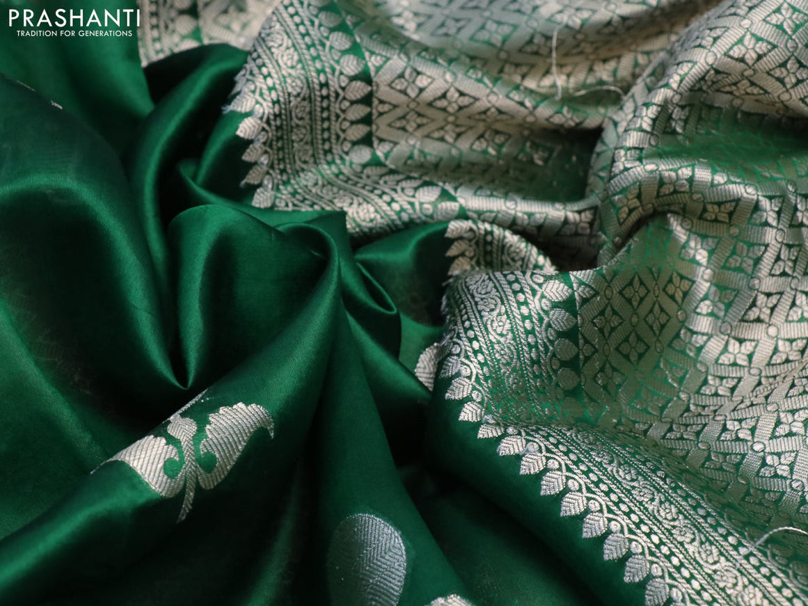 Chiniya silk saree green with silver zari woven floral buttas and silver zari woven simple border