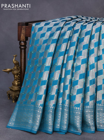 Chiniya silk saree cs blue with allover zari woven geometric weaves and silver zari woven border