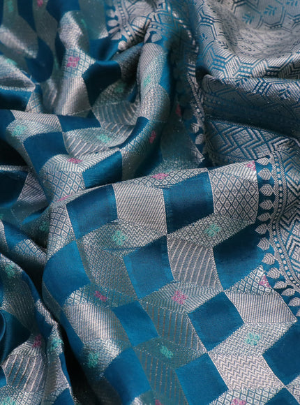 Chiniya silk saree cs blue with allover zari woven geometric weaves and silver zari woven border