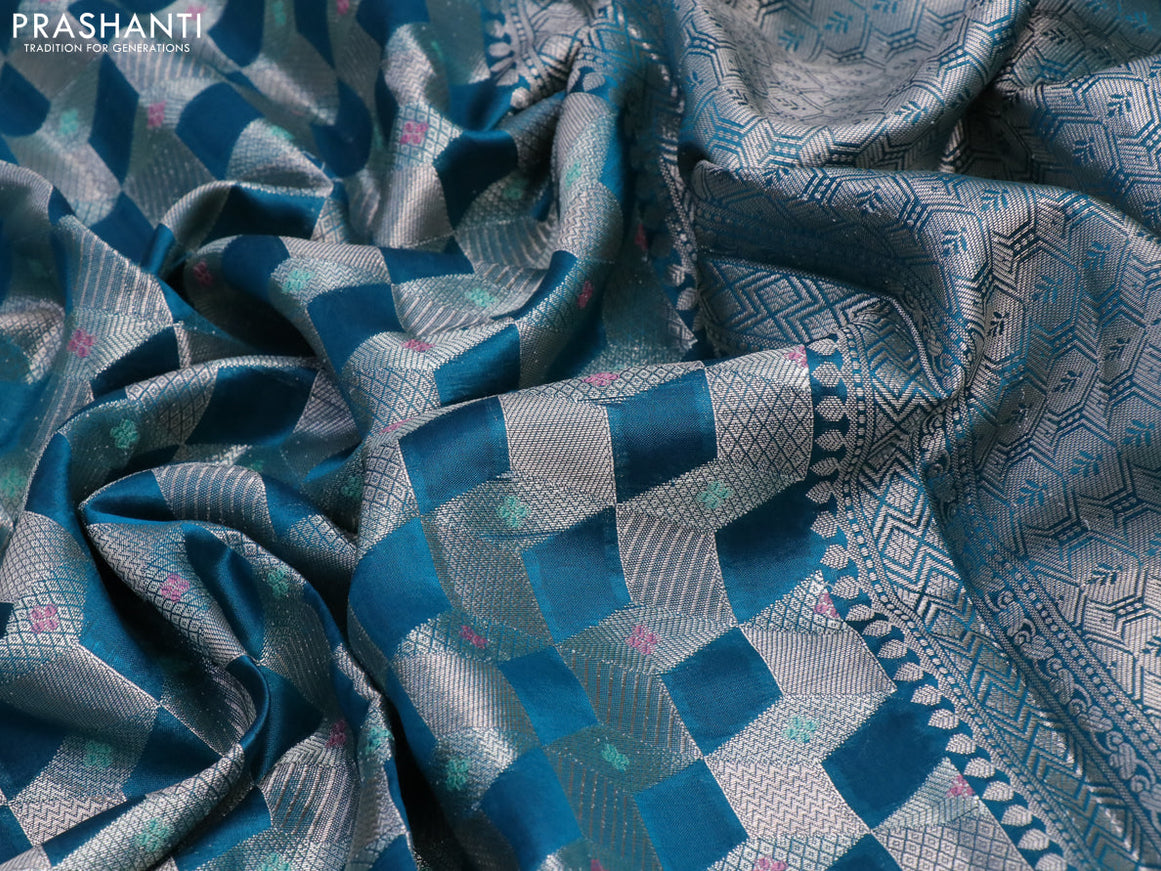 Chiniya silk saree cs blue with allover zari woven geometric weaves and silver zari woven border