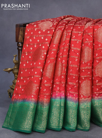 Chiniya silk saree red and green with allover bandhani prints & zari weaves and zari woven border