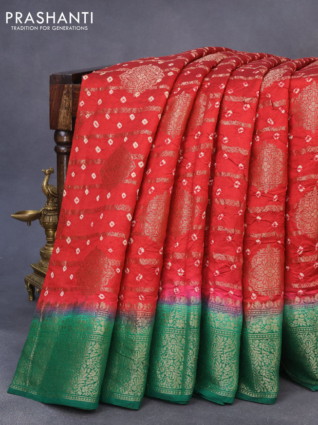 Chiniya silk saree red and green with allover bandhani prints & zari weaves and zari woven border