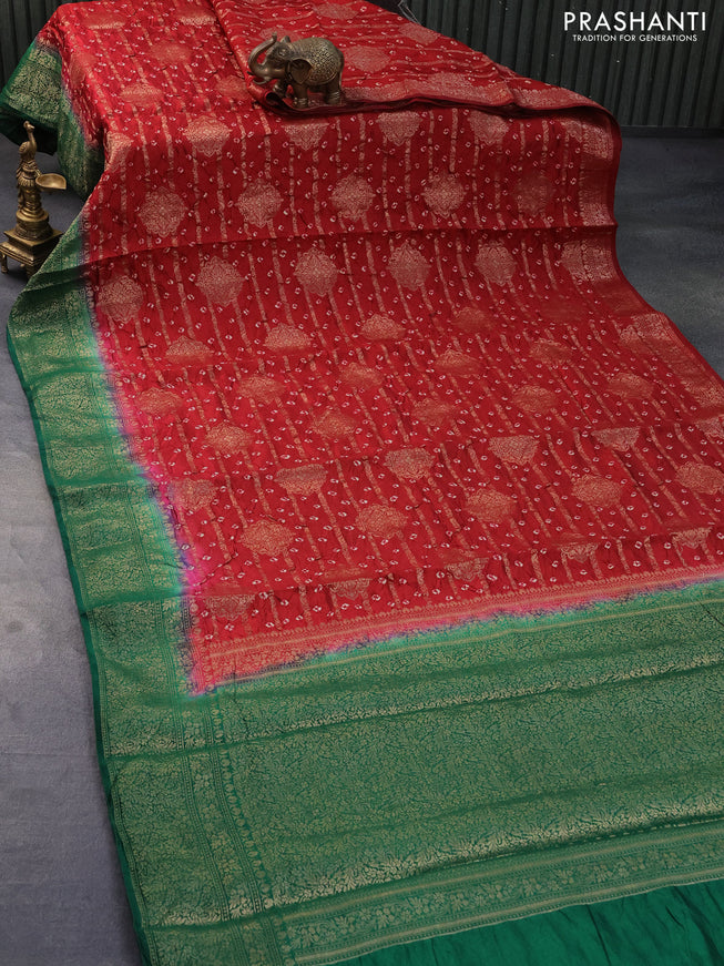 Chiniya silk saree red and green with allover bandhani prints & zari weaves and zari woven border