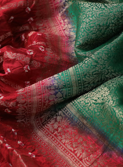 Chiniya silk saree red and green with allover bandhani prints & zari weaves and zari woven border