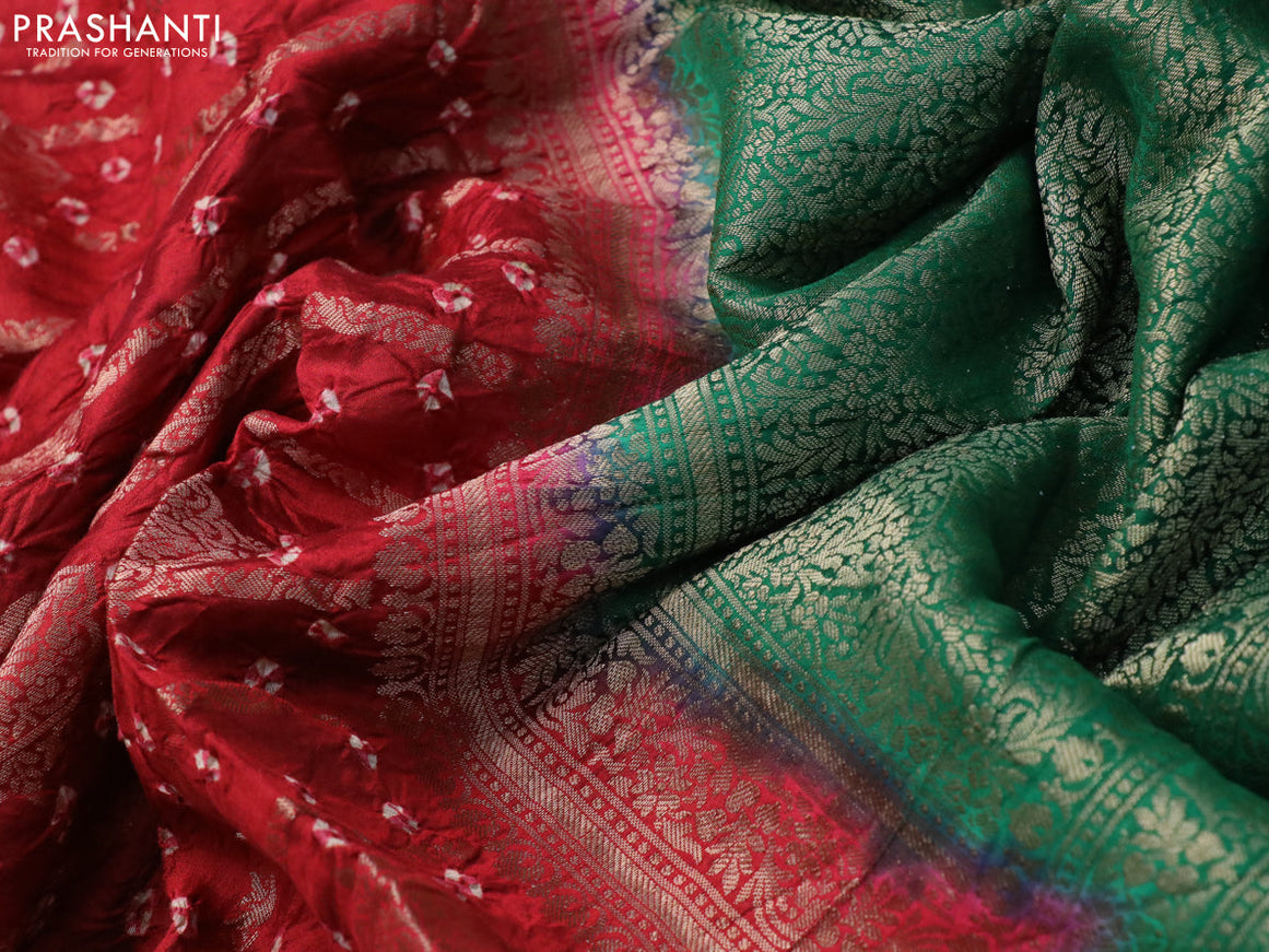 Chiniya silk saree red and green with allover bandhani prints & zari weaves and zari woven border