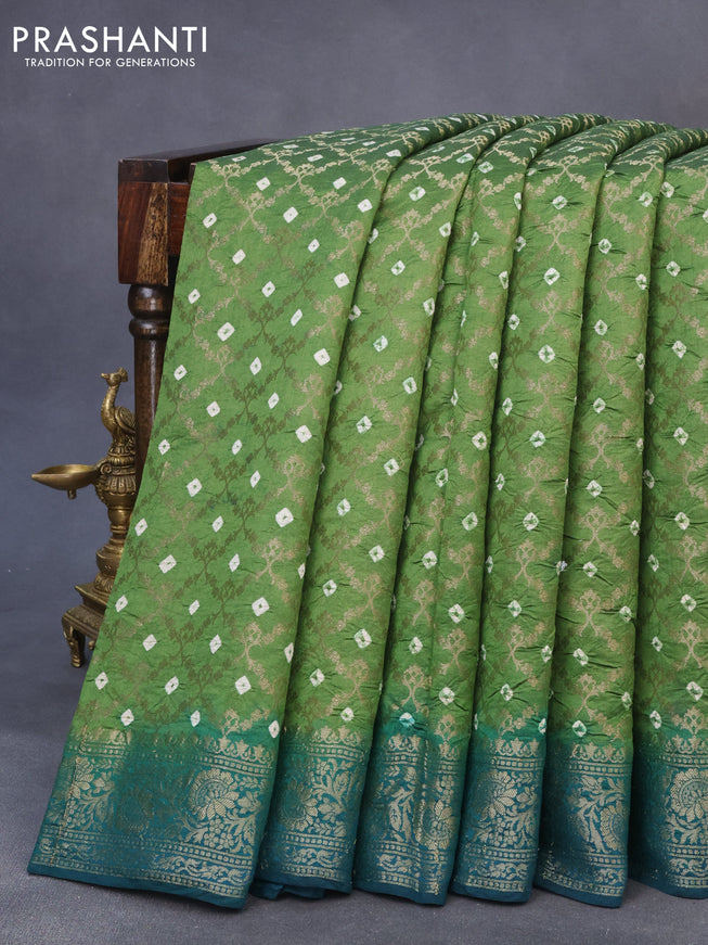 Chiniya silk saree green shade and peacock green with allover bandhani prints & zari weaves and zari woven border