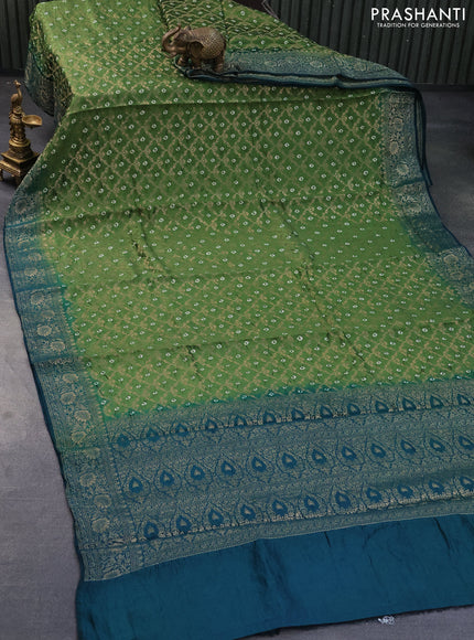 Chiniya silk saree green shade and peacock green with allover bandhani prints & zari weaves and zari woven border