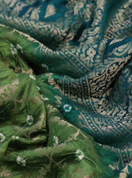 Chiniya silk saree green shade and peacock green with allover bandhani prints & zari weaves and zari woven border