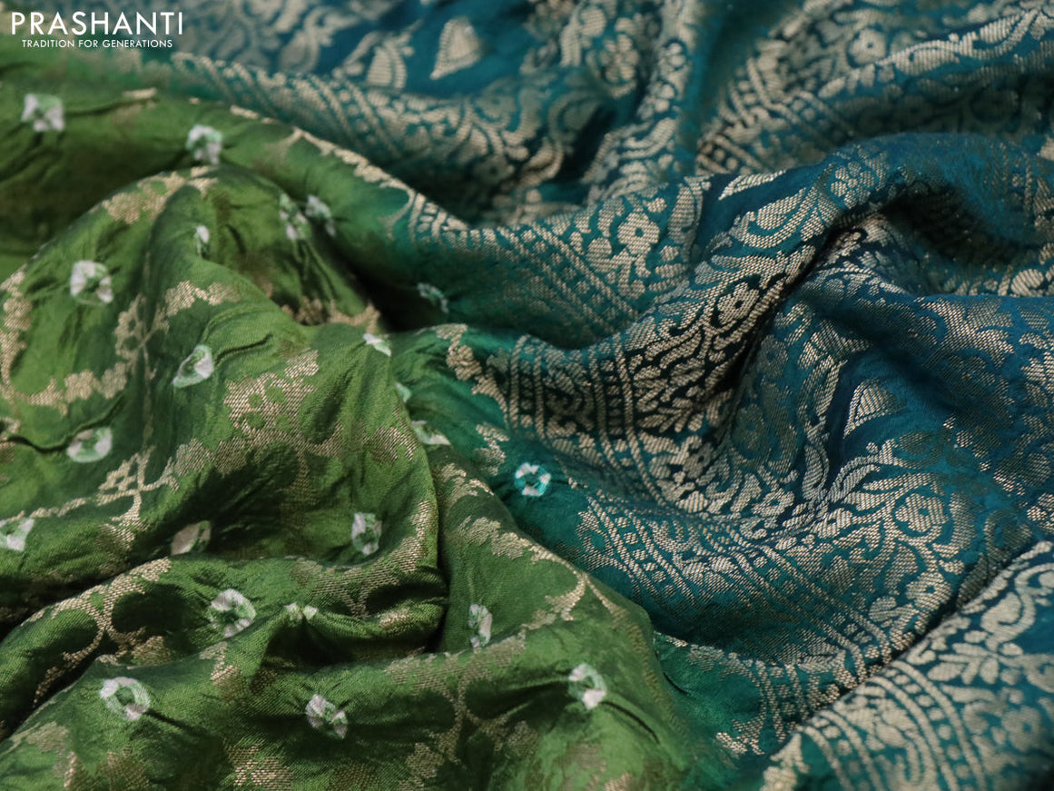 Chiniya silk saree green shade and peacock green with allover bandhani prints & zari weaves and zari woven border