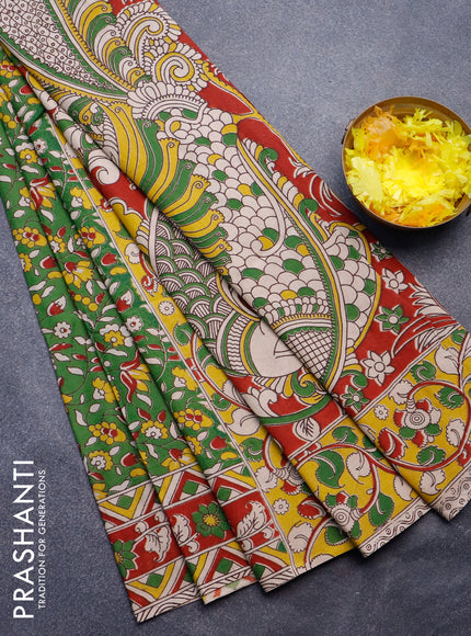 Kalamkari semi silk saree green and maroon with allover prints and printed border