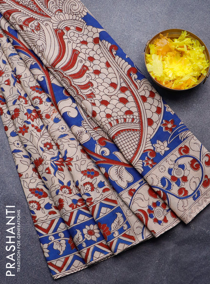 Kalamkari semi silk saree beige and blue with allover prints and printed border