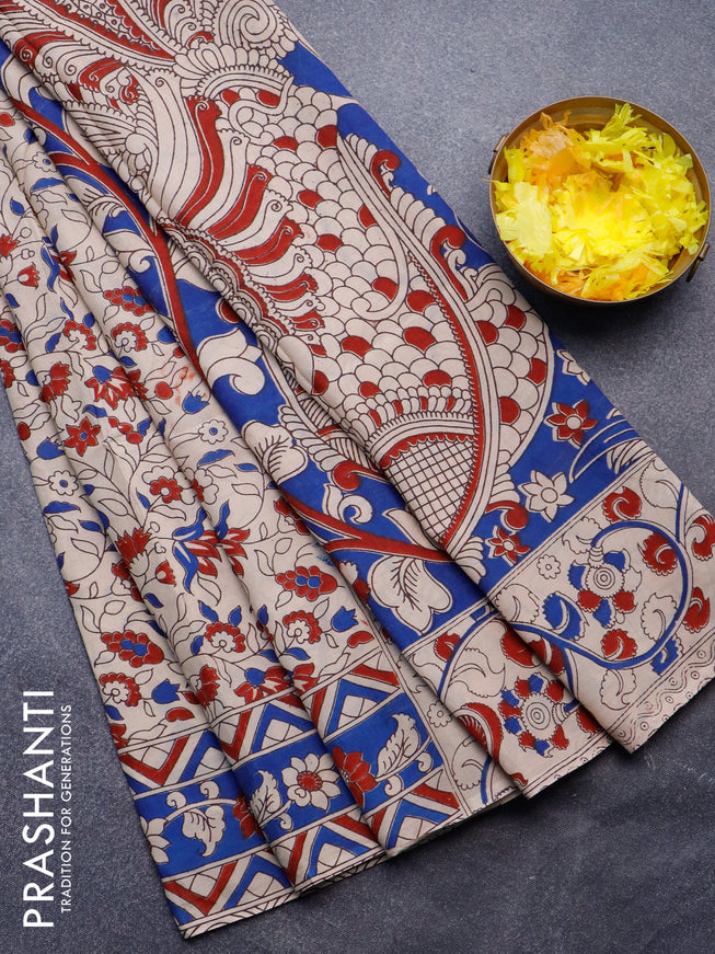 Kalamkari semi silk saree beige and blue with allover prints and printed border