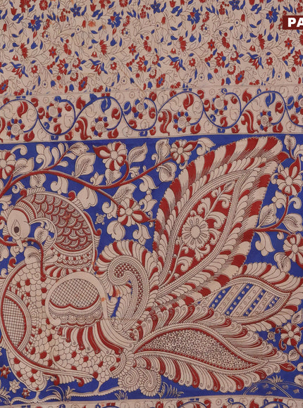 Kalamkari semi silk saree beige and blue with allover prints and printed border