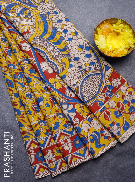 Kalamkari semi silk saree yellow and maroon with allover prints and printed border