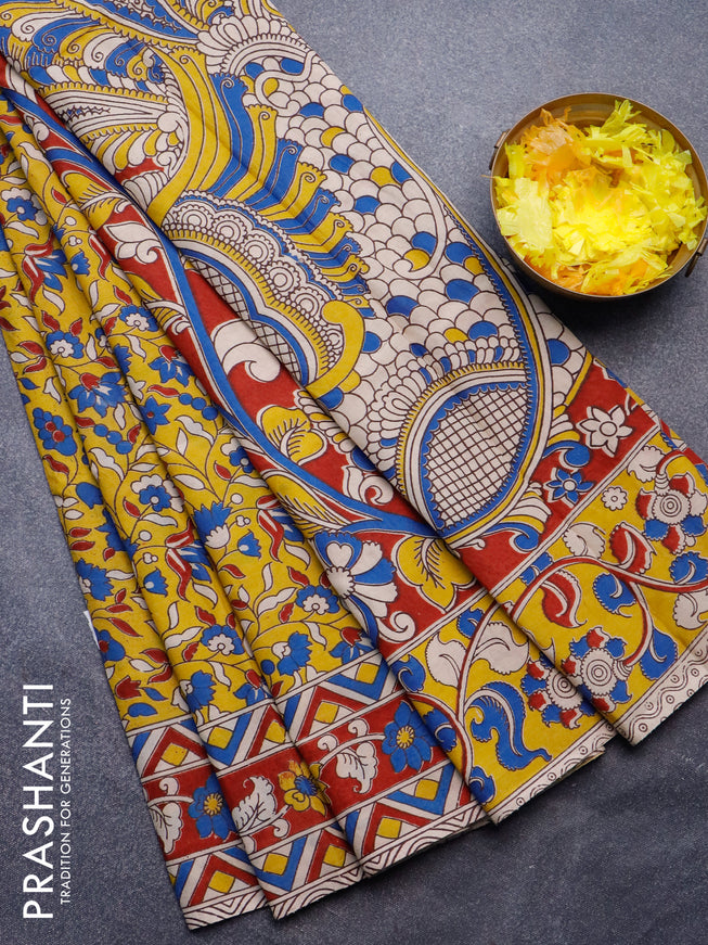 Kalamkari semi silk saree yellow and maroon with allover prints and printed border