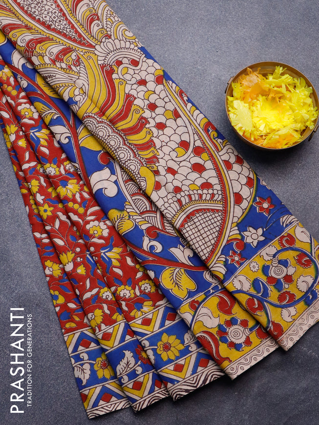 Kalamkari semi silk saree maroon and blue with allover prints and printed border