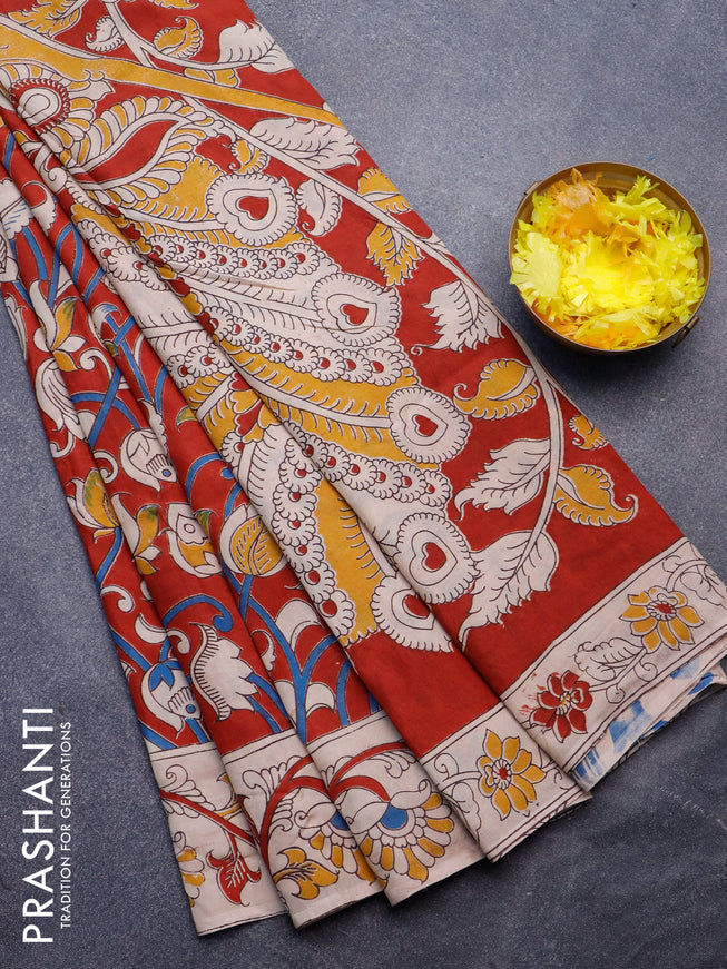 Kalamkari semi silk saree maroon and beige with allover prints and printed border