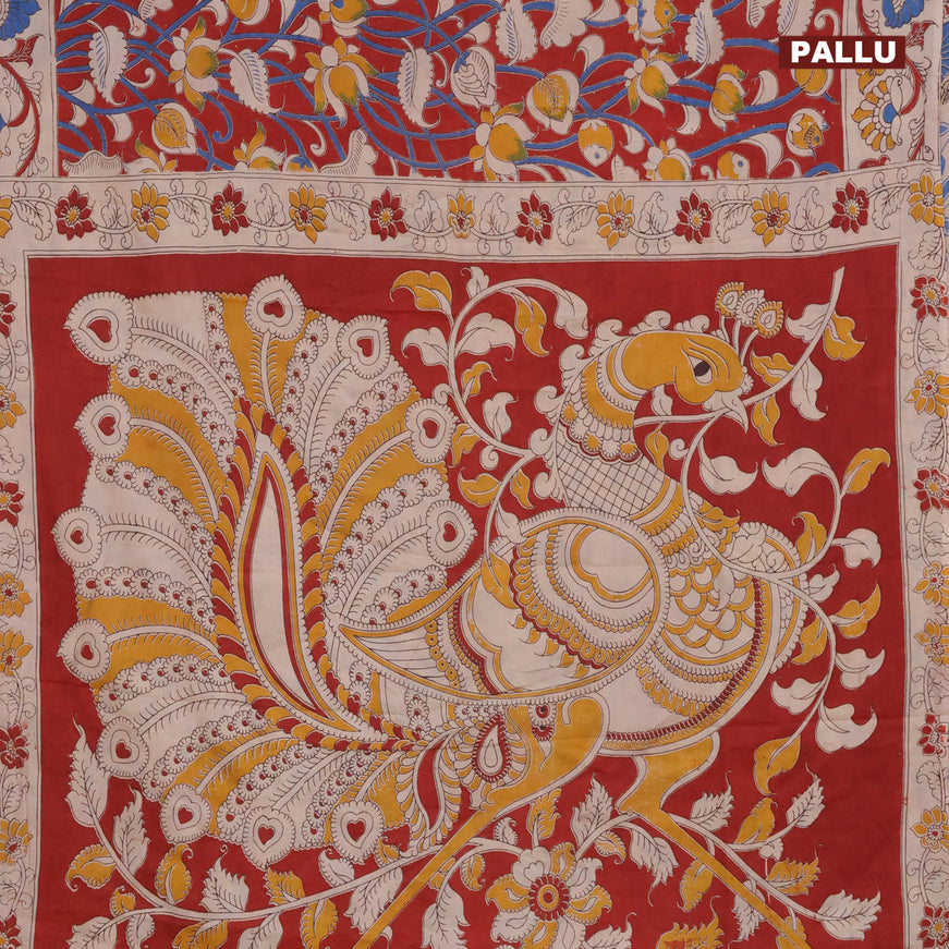 Kalamkari semi silk saree maroon and beige with allover prints and printed border